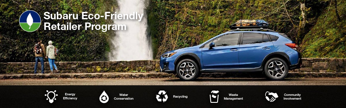 The Subaru Eco-Friendly Retailer Program logo with a blue Subaru and eco icons at bottom. | Mark Miller Subaru South Towne in Sandy UT
