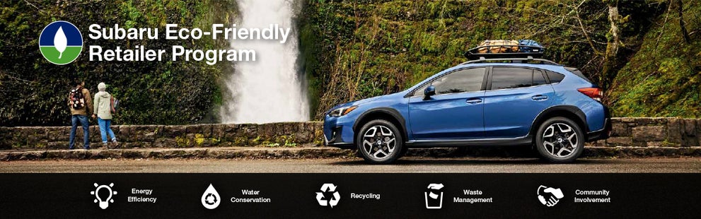 The Subaru Eco-Friendly Retailer Program logo with a blue Subaru and eco icons at bottom. | Mark Miller Subaru South Towne in Sandy UT