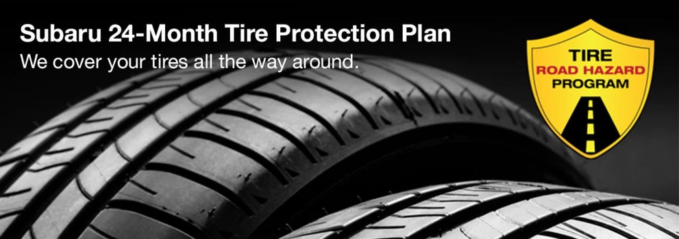 Subaru tire with 24-Month Tire Protection and road hazard program logo. | Mark Miller Subaru South Towne in Sandy UT