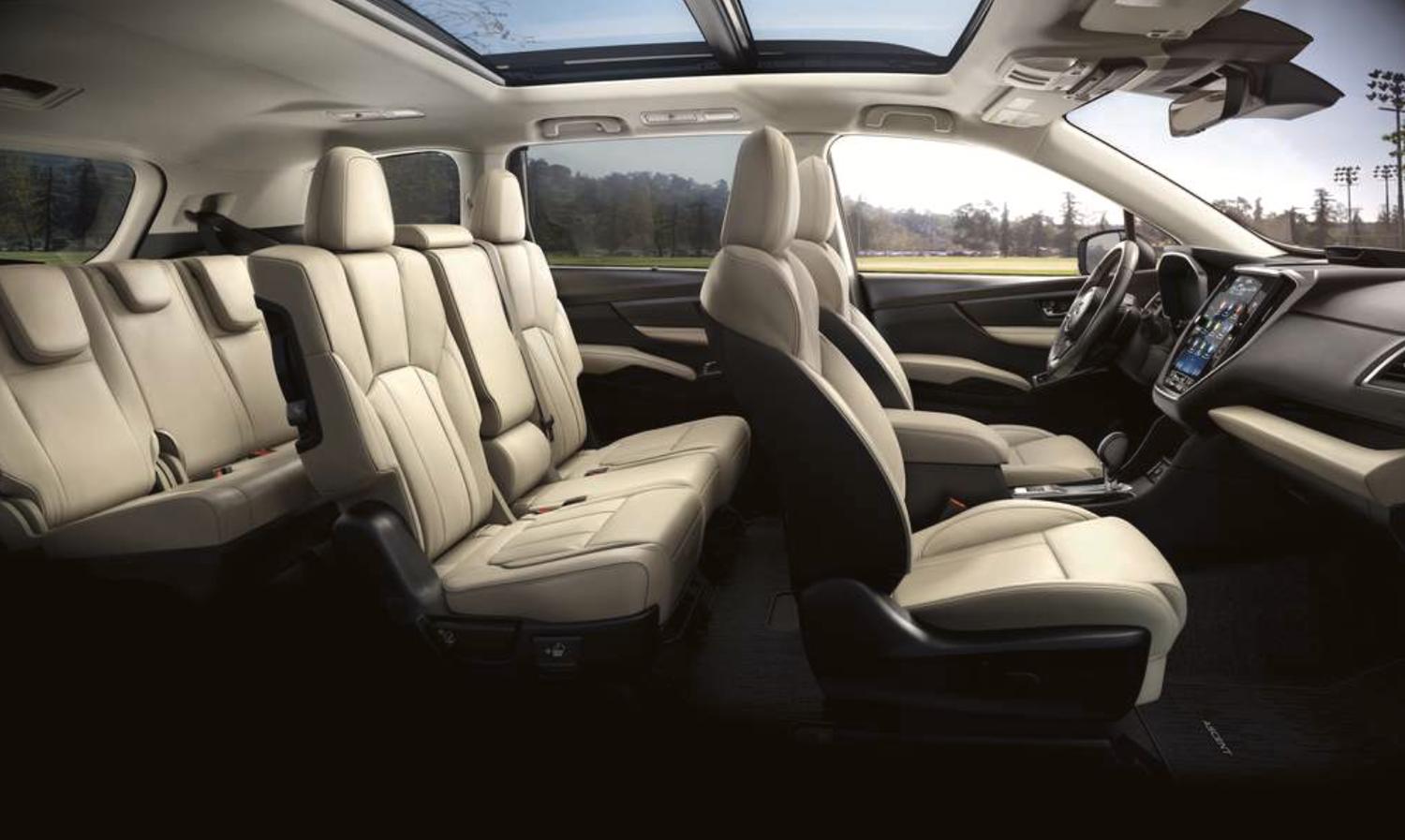 2026 Subaru Ascent interior showing all three rows in cream leather