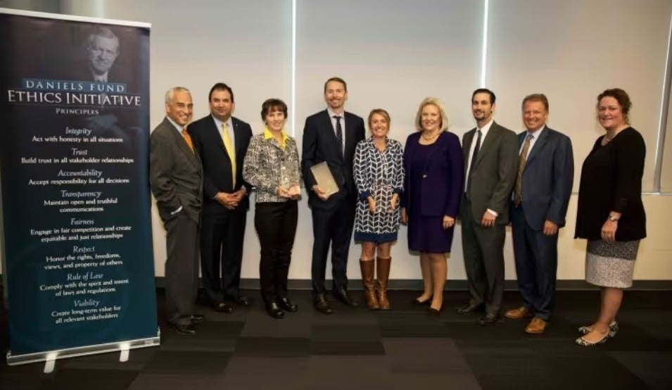 Honorees on stage at the Utah Ethical Leadership Awards where Mark Miller Subaru was named Most Ethical Business