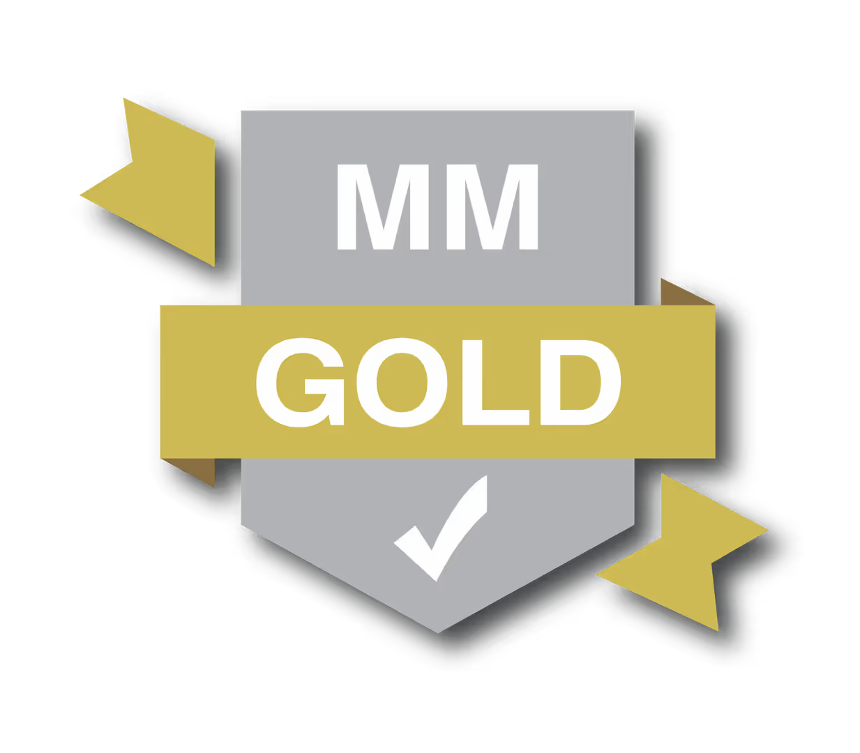 Gold ribbon badge with MM GOLD in white text and a white checkmark at the bottom.