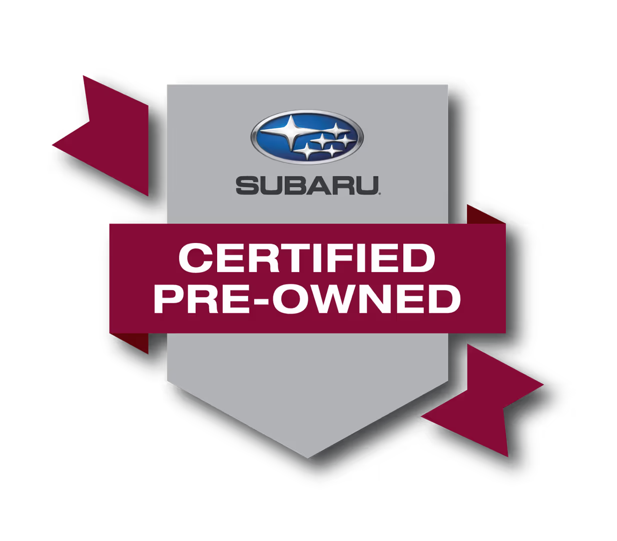 Subaru Certified Pre-Owned logo on an angled gray shield with a burgundy banner and ribbons.