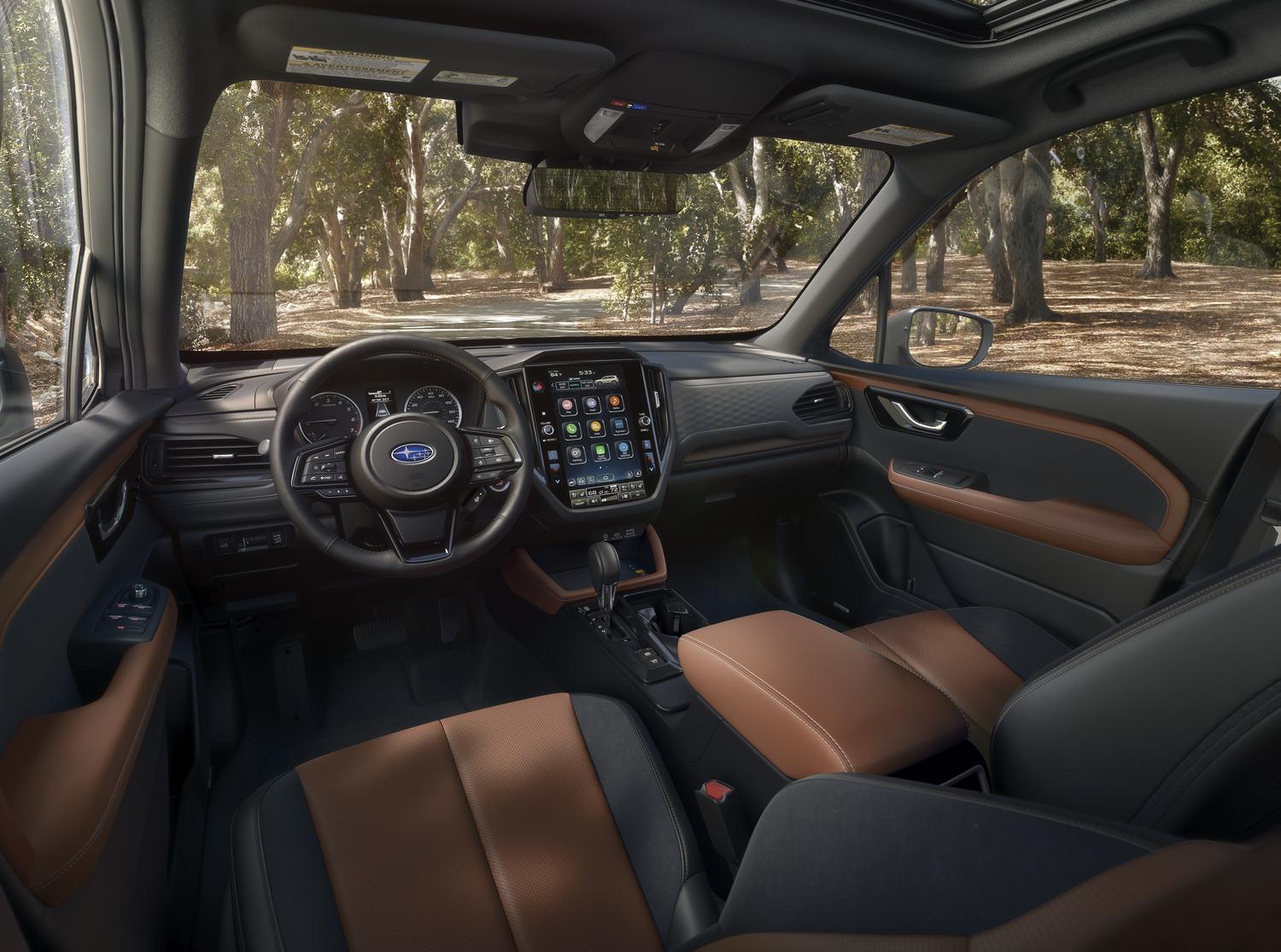 2026 Subaru Forester interior with brown leather seating and 11.6-inch touchscreen