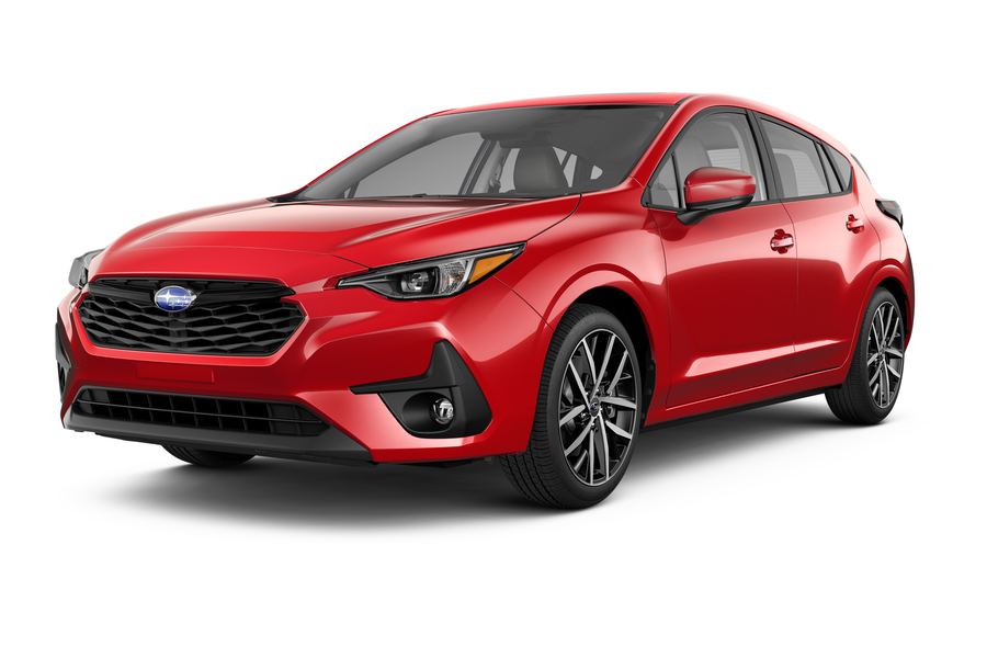 2026 Subaru Impreza Sport in Pure Red, studio three-quarter view