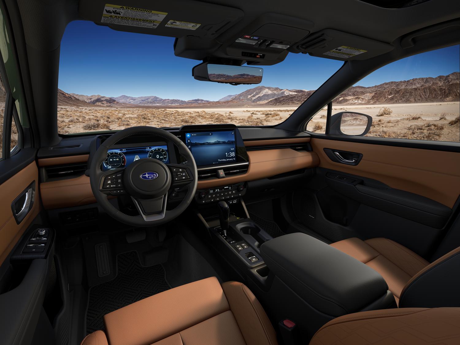 2026 Subaru Outback interior with tan Nappa leather seating and 12.1-inch vertical touchscreen